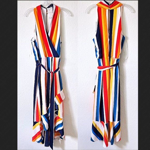 Julia Jordan Color Stripe Hi Lo Sleeveless V Neck Belted Maxi Dress SZ 14 - Picture 2 of 7